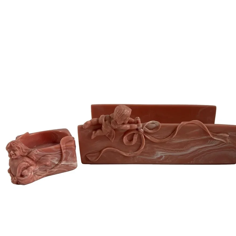 Vintage Hard Resin Rose Pink Cherub Angel Bathroom Set Towel Holder Soap Holder